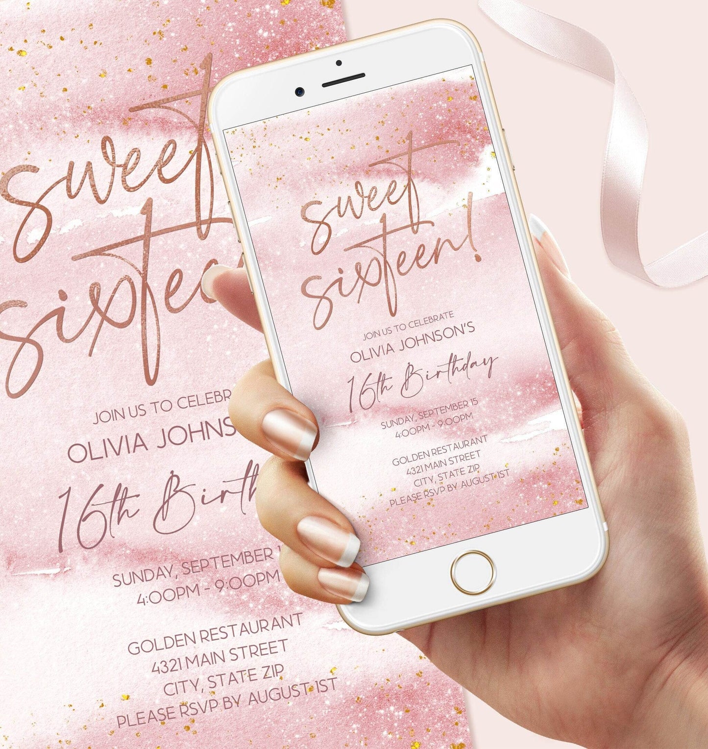 Digital Sixteen 16th birthday Text Invitation Template, Editable Phone Invitation, Blush Pink Watercolor Smartphone Invite, Electronic Evite