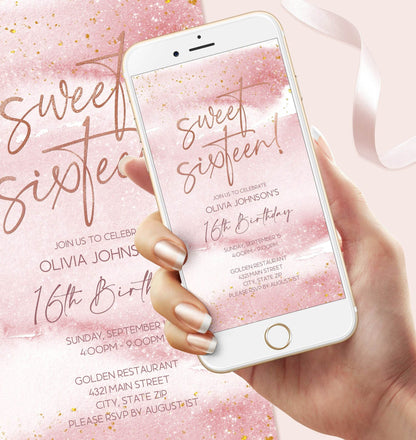 Digital Sixteen 16th birthday Text Invitation Template, Editable Phone Invitation, Blush Pink Watercolor Smartphone Invite, Electronic Evite