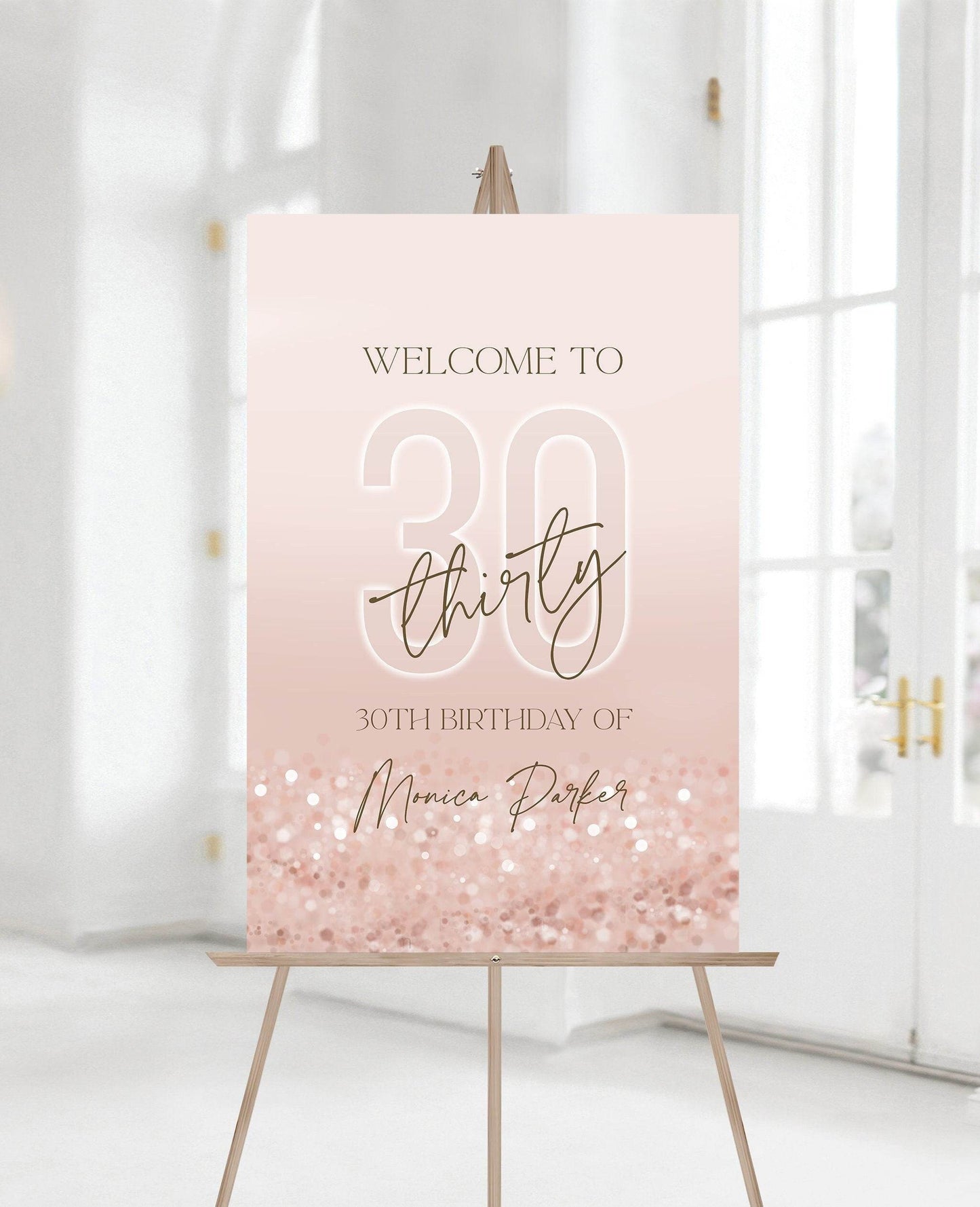 30th Birthday Welcome Sign Template, Printable Rose Gold Pink Confetti Sign, Editable Luxury Thirty Party Decor, Instant Download