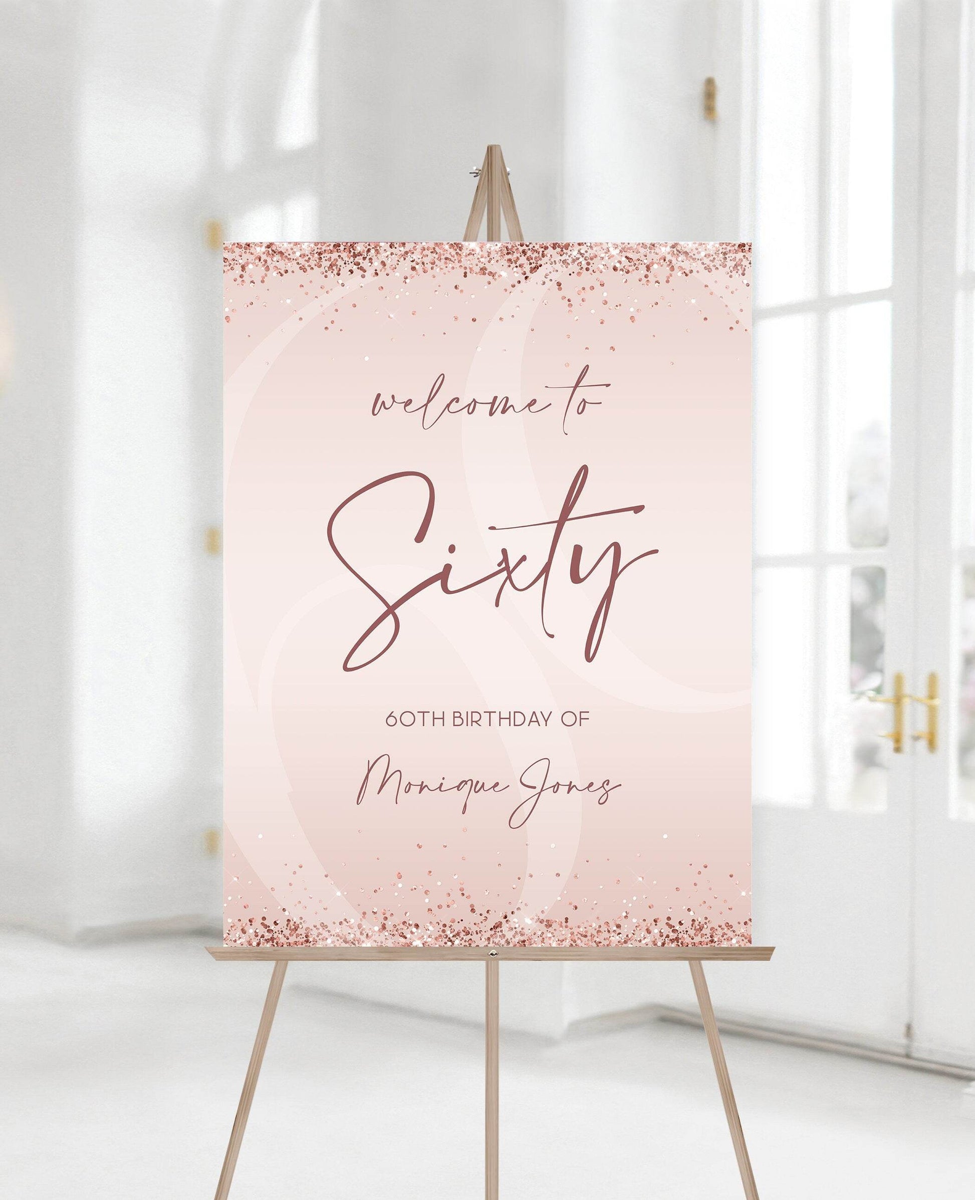 Printable 60th Birthday Party Welcome Sign, Editable Modern Rose Gold Glitter Pink Confetti Template, Sixty Birthday Welcome Poster, Instant Download