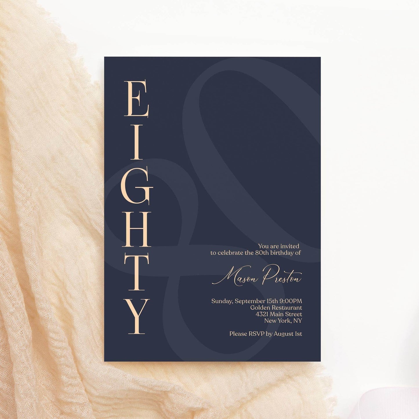 Navy 80th Eighty Birthday Invitation Template, Printable Minimalist Birthday Invite, 80th Modern Elegant Men Birthday Card, Editable Invite
