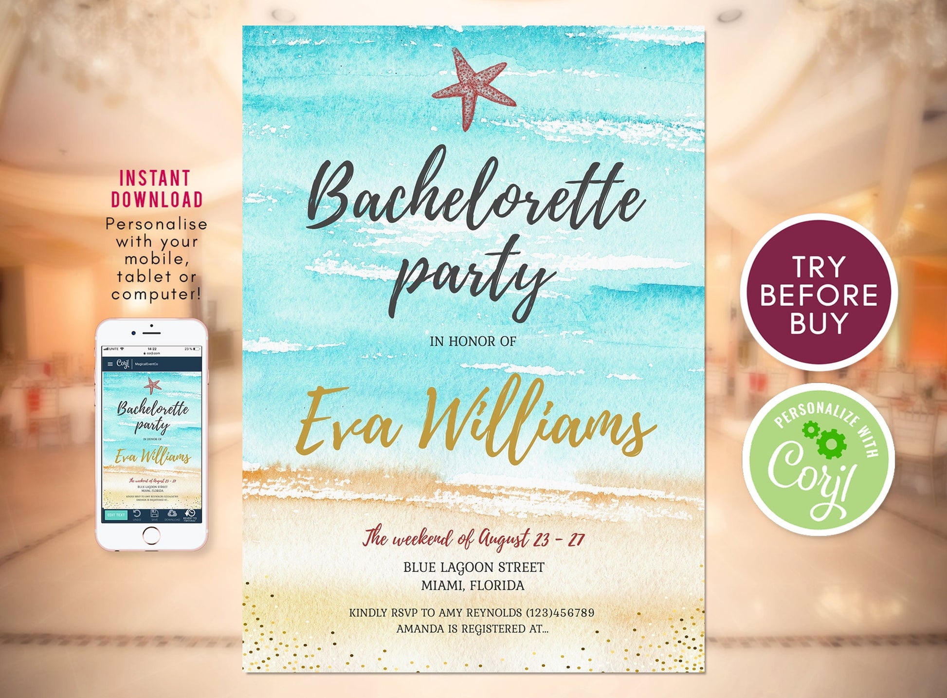 Watercolor Beach Bachelorette Party Invitation | Tropical Weekend Invite | Editable Template | Instant Download