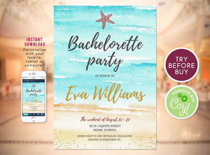 Watercolor Beach Bachelorette Party Invitation | Tropical Weekend Invite | Editable Template | Instant Download