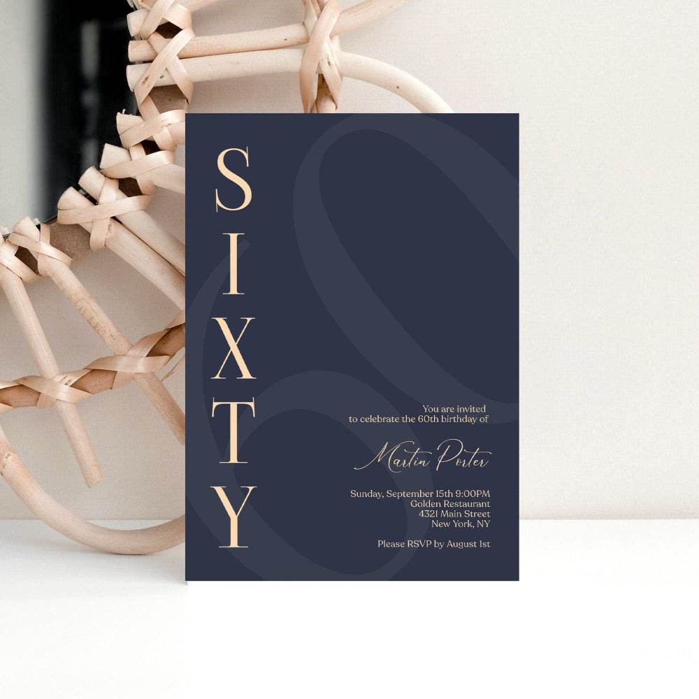 Navy 60th Birthday Invitation Template – Printable Minimalist Sixty Birthday Invite | Modern Elegant Men’s Birthday Evite | Editable Instant Download