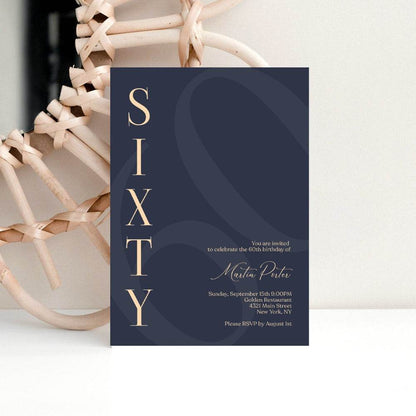 Navy 60th Birthday Invitation Template – Printable Minimalist Sixty Birthday Invite | Modern Elegant Men’s Birthday Evite | Editable Instant Download