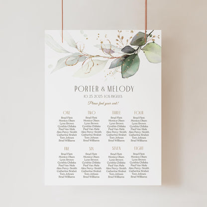 Greenery Wedding Seating Chart Sign Template, Printable Eucalyptus Wedding Seating Plan, Wedding Table Seating Chart Board, Instant Download