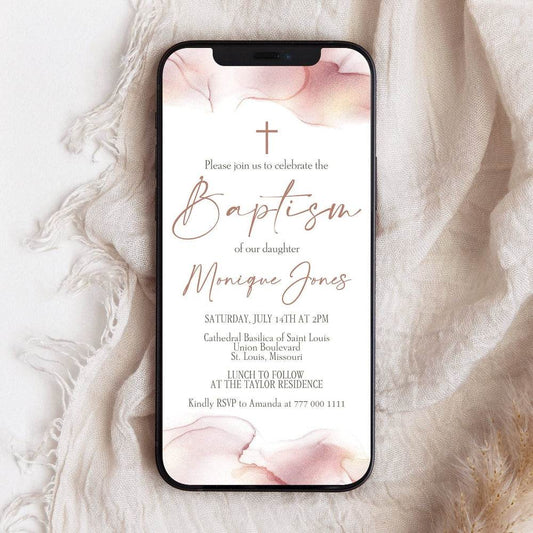 Rose Gold Girl Baptism Invitation - Digital Christening Evite Template - Editable DIY Baptism Invite for Text or Email - Instant Download