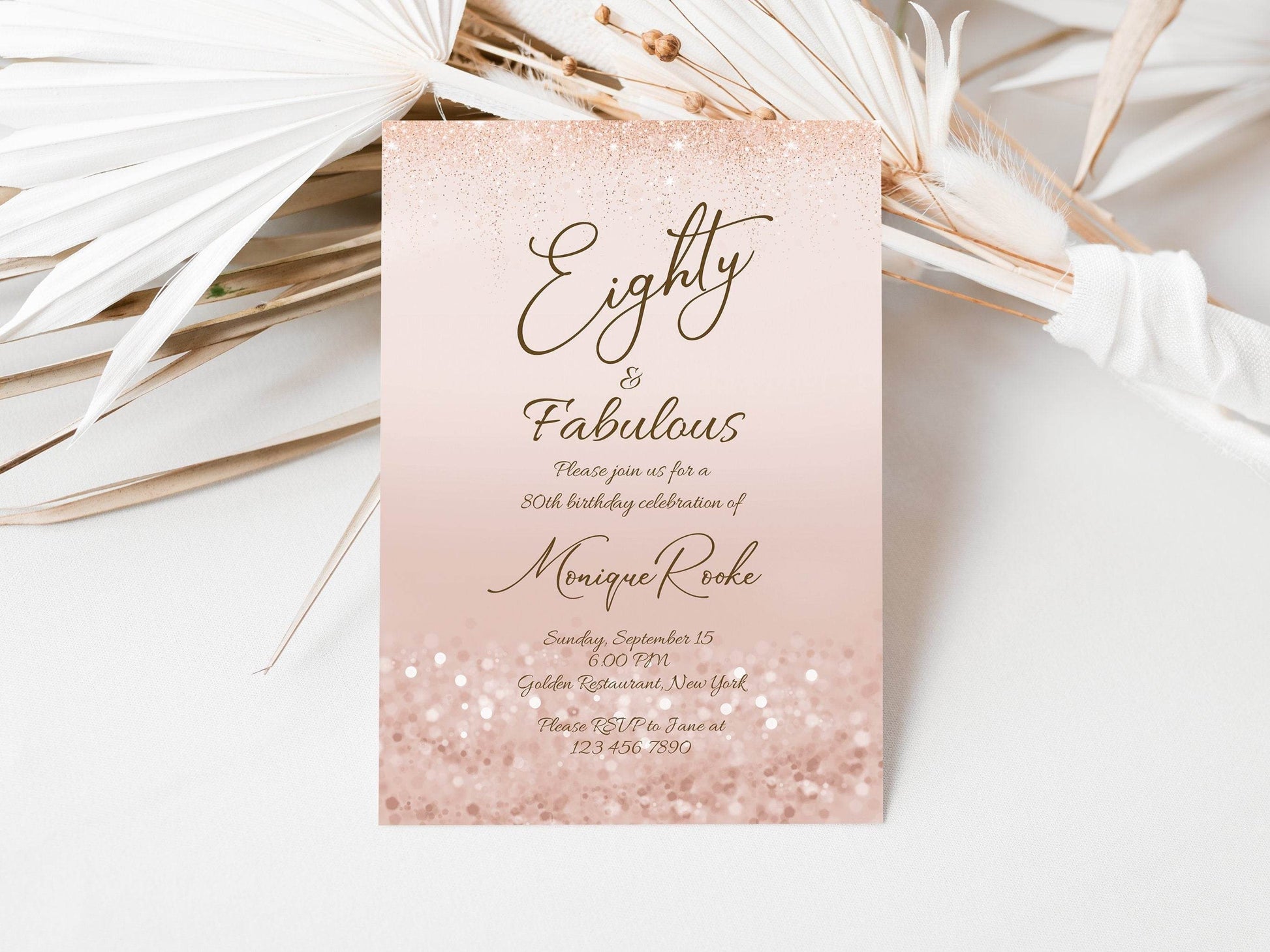 Rose Gold 80th Birthday Invitation, Printable Eighty and Fabulous Party Invite, Editable Template, Ladies Surprise Dinner Invite, Download