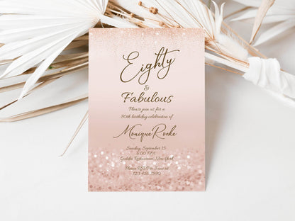 Rose Gold 80th Birthday Invitation, Printable Eighty and Fabulous Party Invite, Editable Template, Ladies Surprise Dinner Invite, Download