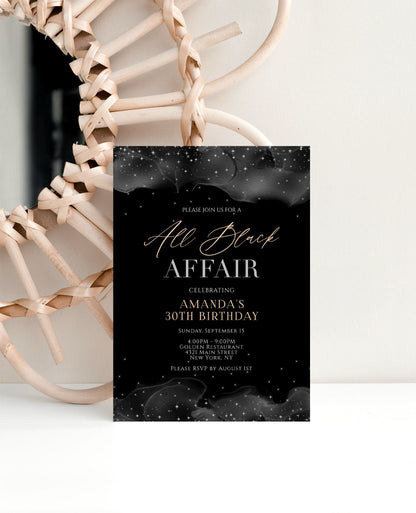 Printable All Black Affair Invitation – Black and Gold Marble Party Invite – Formal Attire Editable Digital Invitation – Email & Text Message Invite
