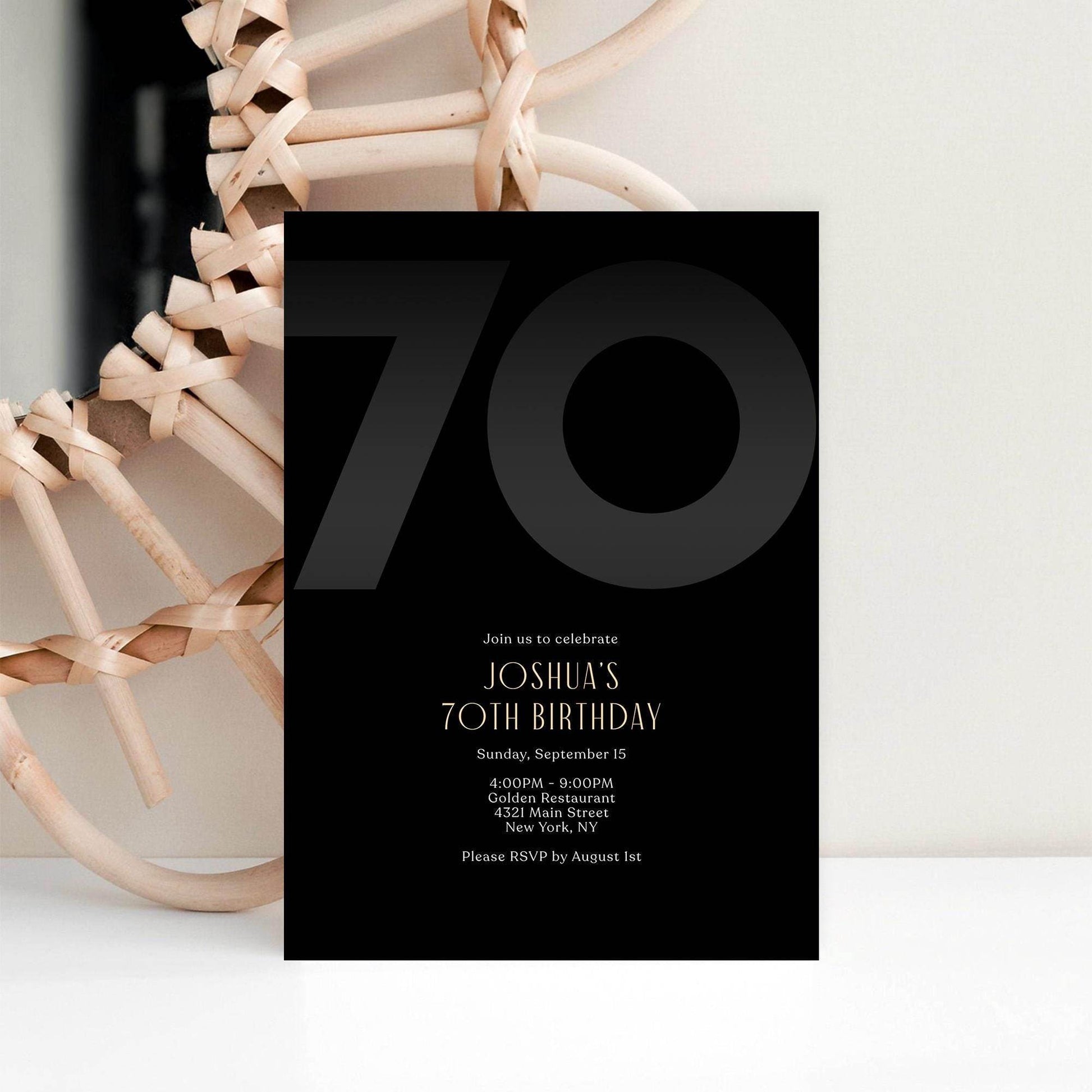Black 70th Birthday Invitation Template, Modern Men's Party Invite, Editable Printable Seventy Invite for Him, Digital Instant Download