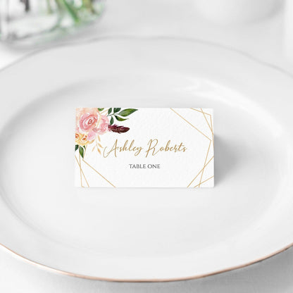 Blush Geometric Food Labels Place Card Template, Editable Buffet Food Tent, Floral Tent Cards Printable, Floral Escort Card Instant Download