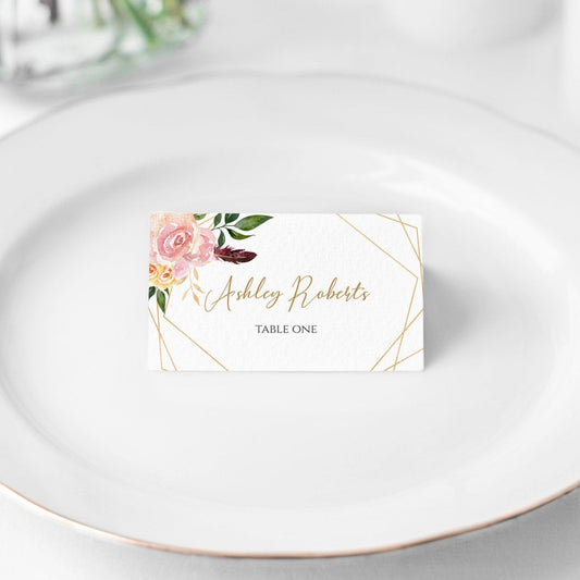 Blush Geometric Food Labels Place Card Template, Editable Buffet Food Tent, Floral Tent Cards Printable, Floral Escort Card Instant Download