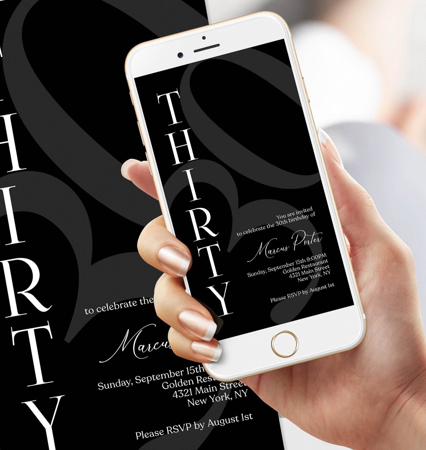 Black 30th Birthday Invitation Template, Minimalist Any Age Birthday Evite, Editable Text Message Digital Phone Invite