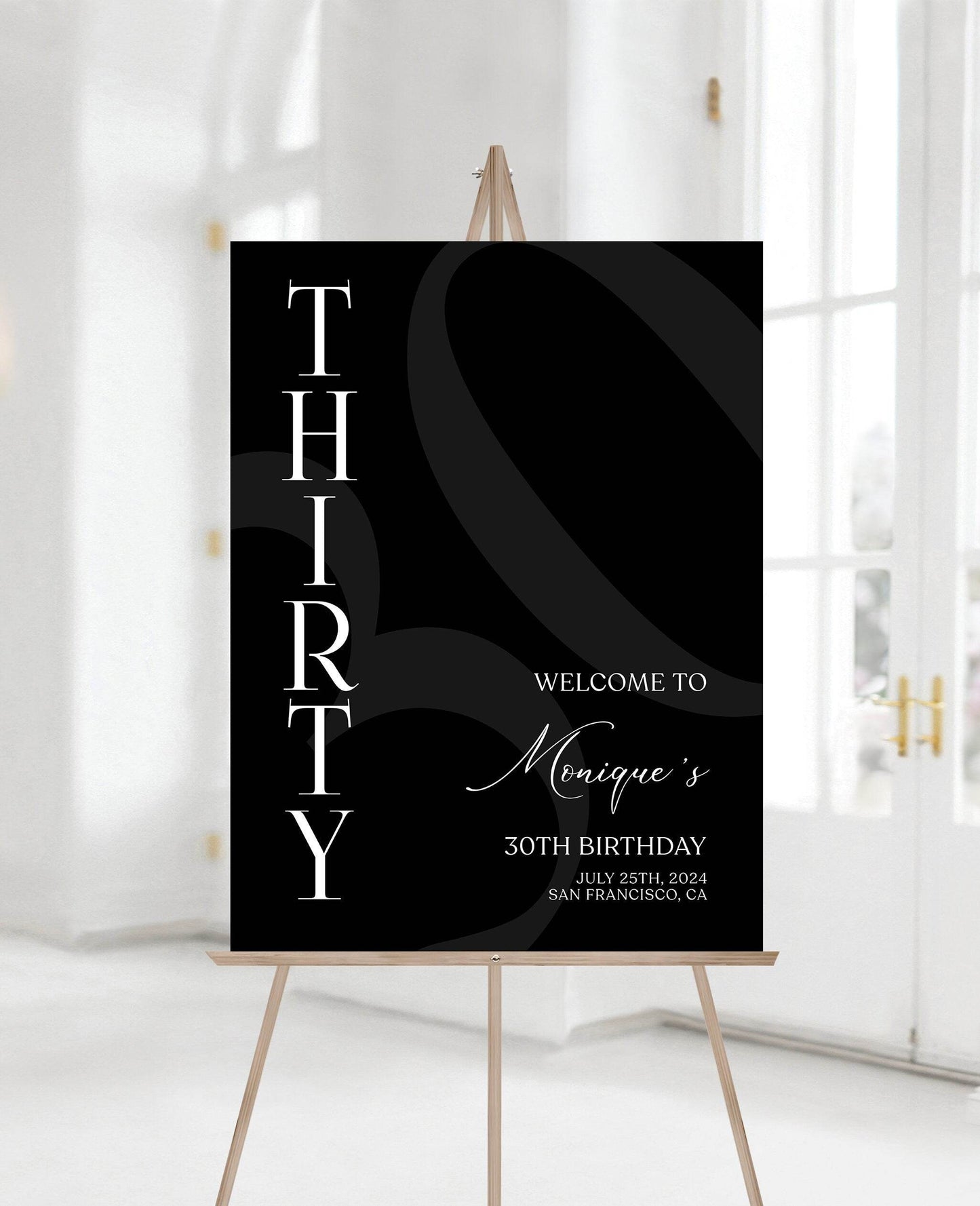 Simple Black 30th Birthday Welcome Sign Template, Printable Minimalist Birthday Poster, Editable Birthday Decor, Instant Download Sign