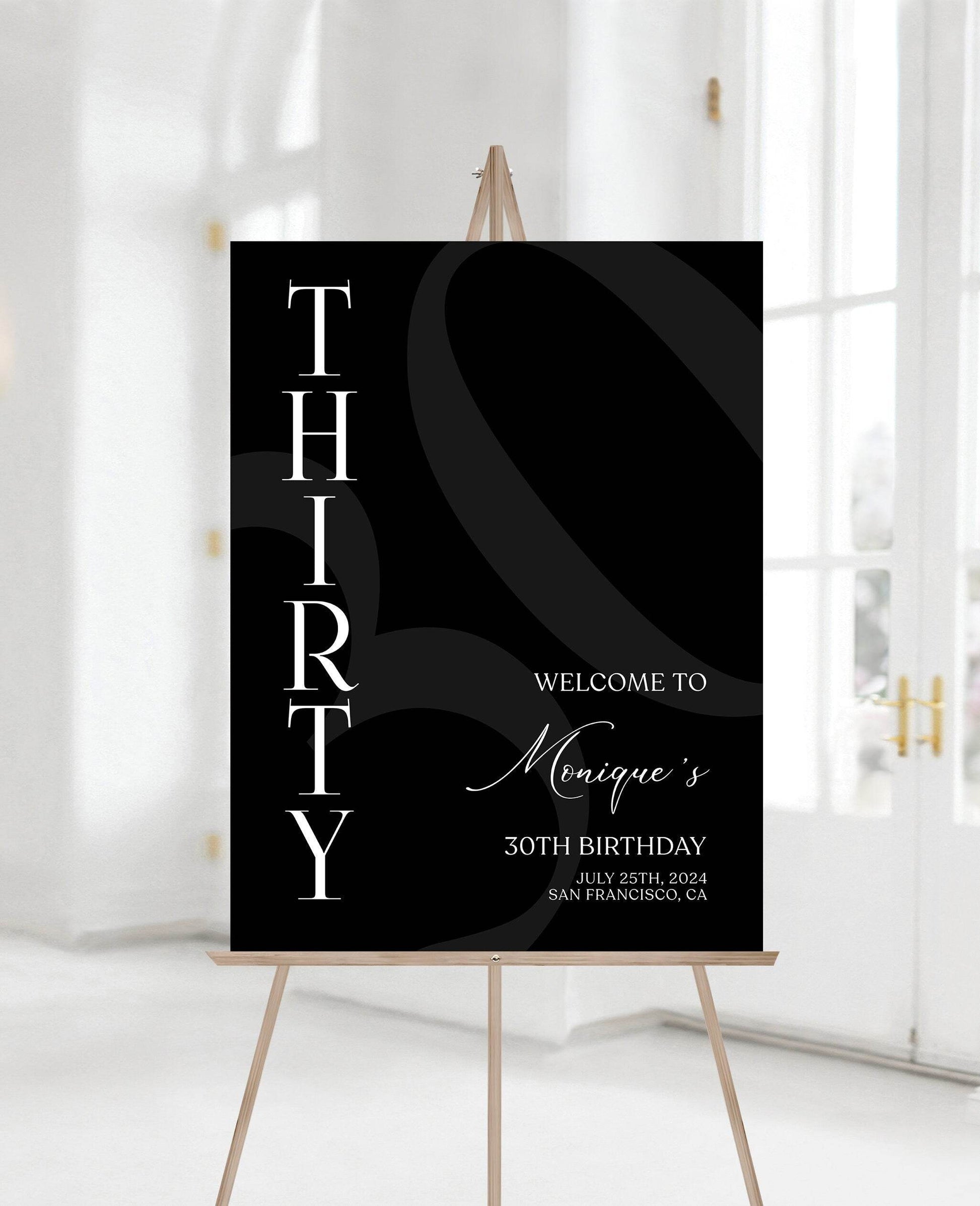 Simple Black 30th Birthday Welcome Sign Template, Printable Minimalist Birthday Poster, Editable Birthday Decor, Instant Download Sign