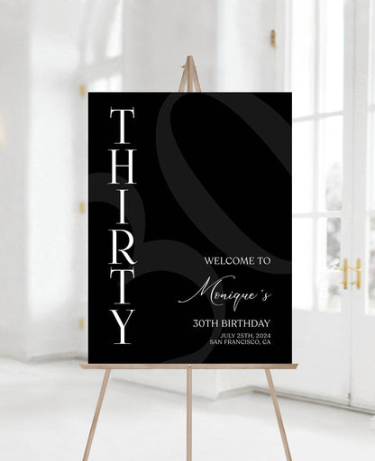 Simple Black 30th Birthday Welcome Sign Template, Printable Minimalist Birthday Poster, Editable Birthday Decor, Instant Download Sign