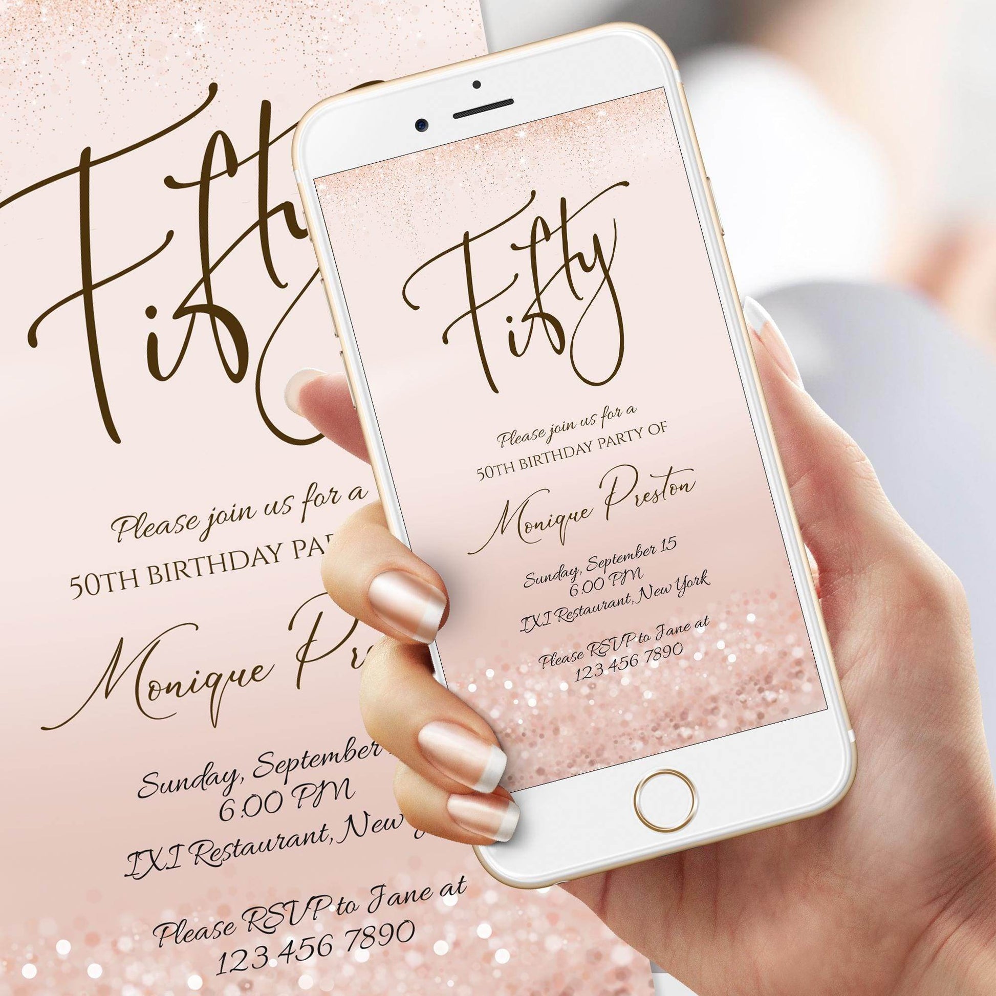 50th Birthday Invitation Template | Rose Gold Digital Invite | Editable Pink Birthday Evite | Electronic 50th Birthday Text Message Card | Instant Download