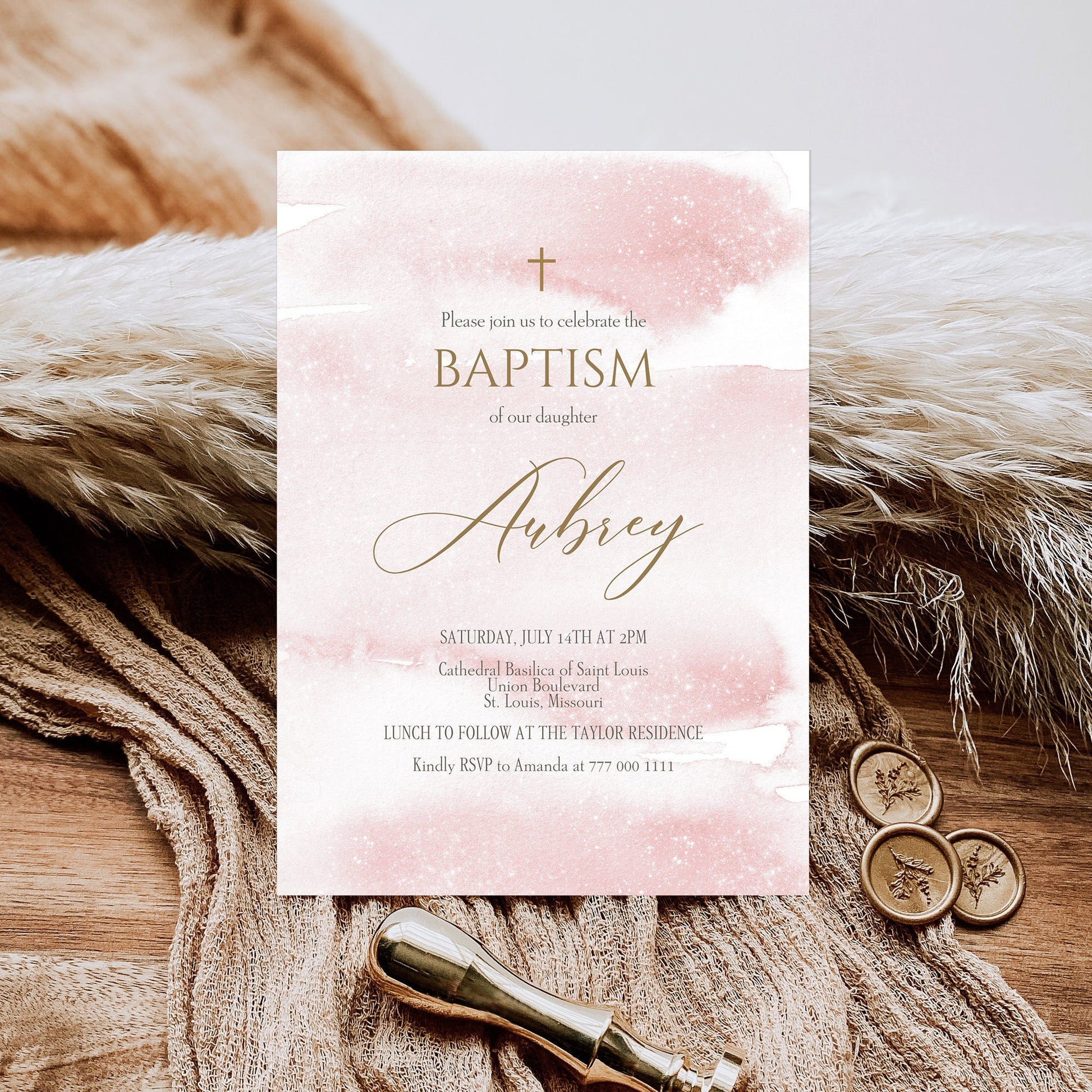 Printable Pink Girl Baptism Invitation Template - Editable Design