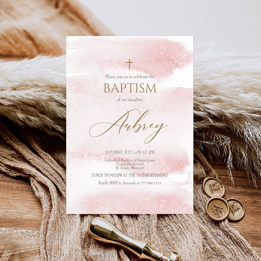 Printable Pink Girl Baptism Invitation Template - Editable Design