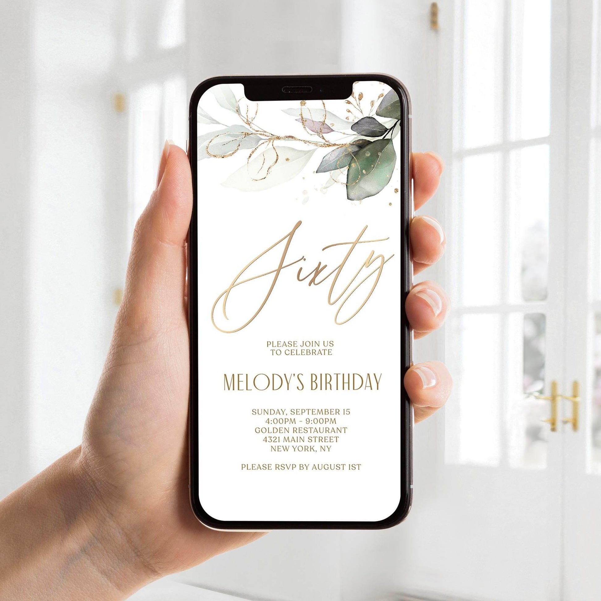 Digital Greenery 60th Birthday Invitation Template – Boho Mobile Party Invite – Editable Text Message Evite – Instant Download Phone Invitation