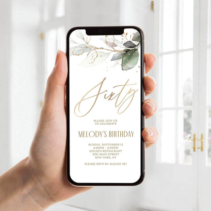 Digital Greenery 60th Birthday Invitation Template – Boho Mobile Party Invite – Editable Text Message Evite – Instant Download Phone Invitation