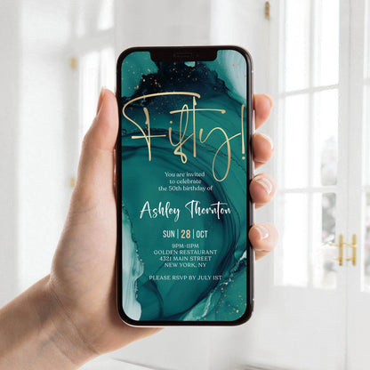 Teal Gold 50th Birthday Invitation Template, Editable Digital Evite for Any Gender, Text Message eCard, Self-Edit Instant Download