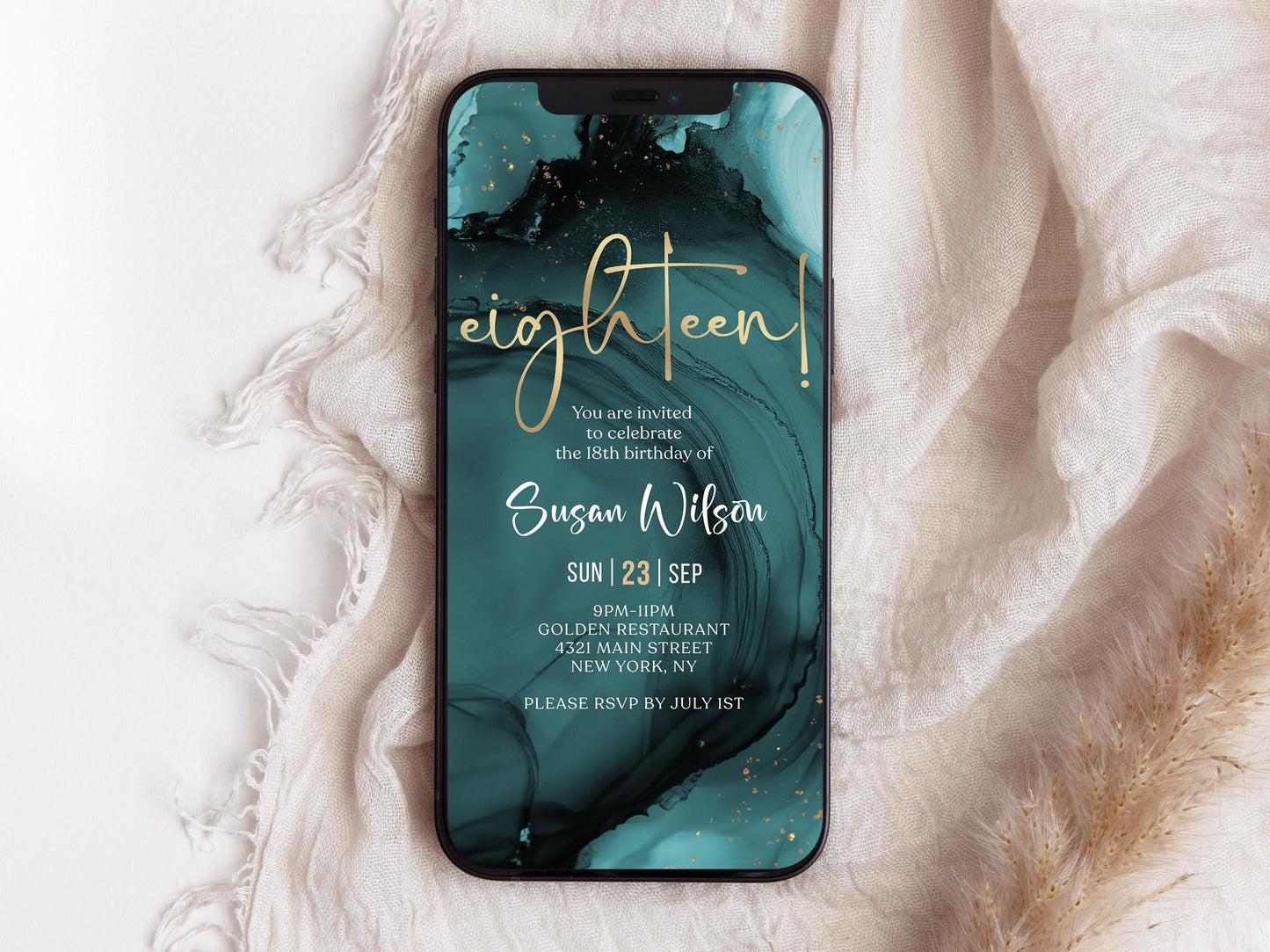 Digital Teal Gold 18th Eighteen Birthday Invitation Template, Electronic Eighteen Party Invite, Editable Boy Girl Invite, Text Message Evite