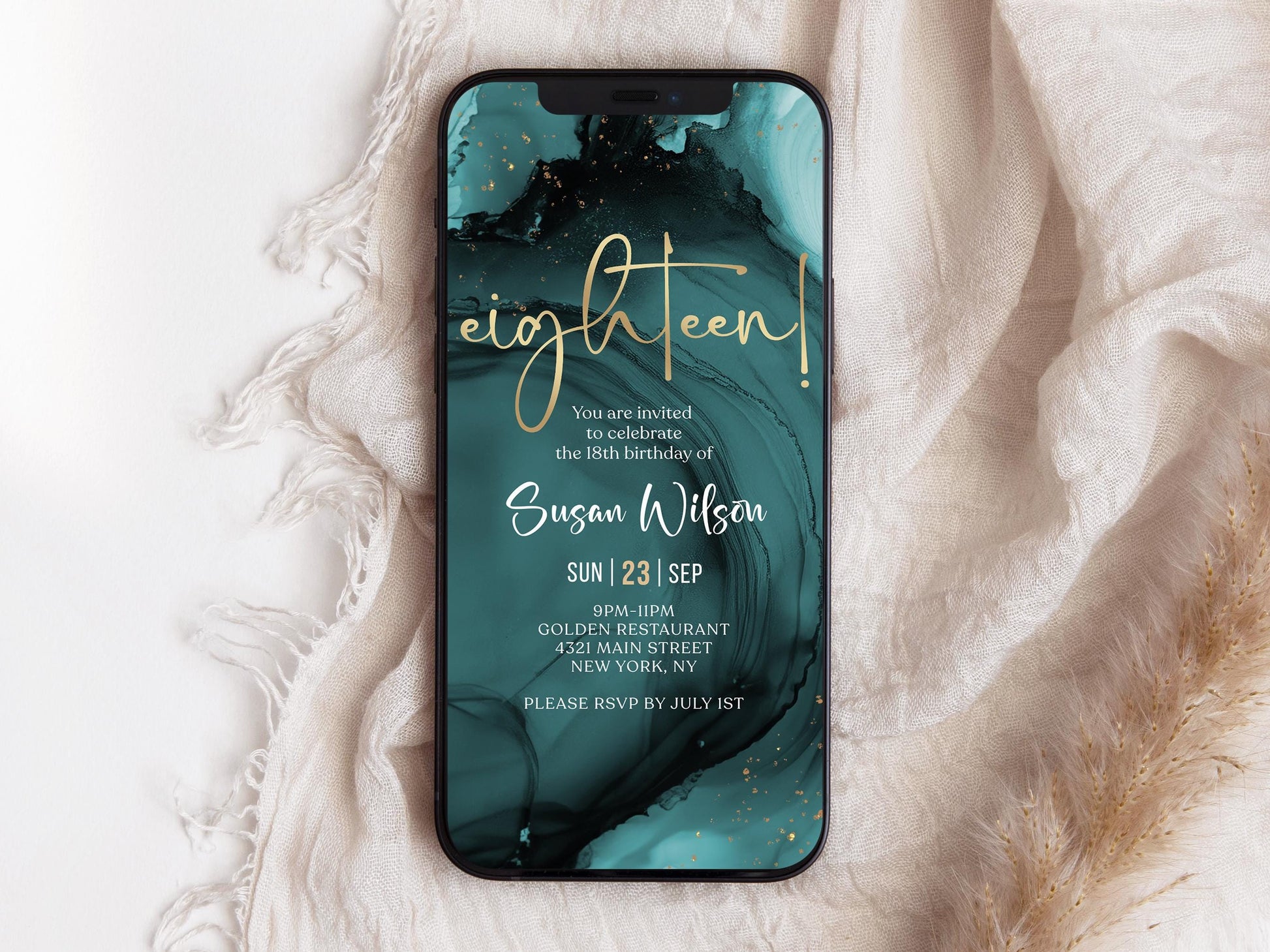 Digital Teal Gold 18th Eighteen Birthday Invitation Template, Electronic Eighteen Party Invite, Editable Boy Girl Invite, Text Message Evite