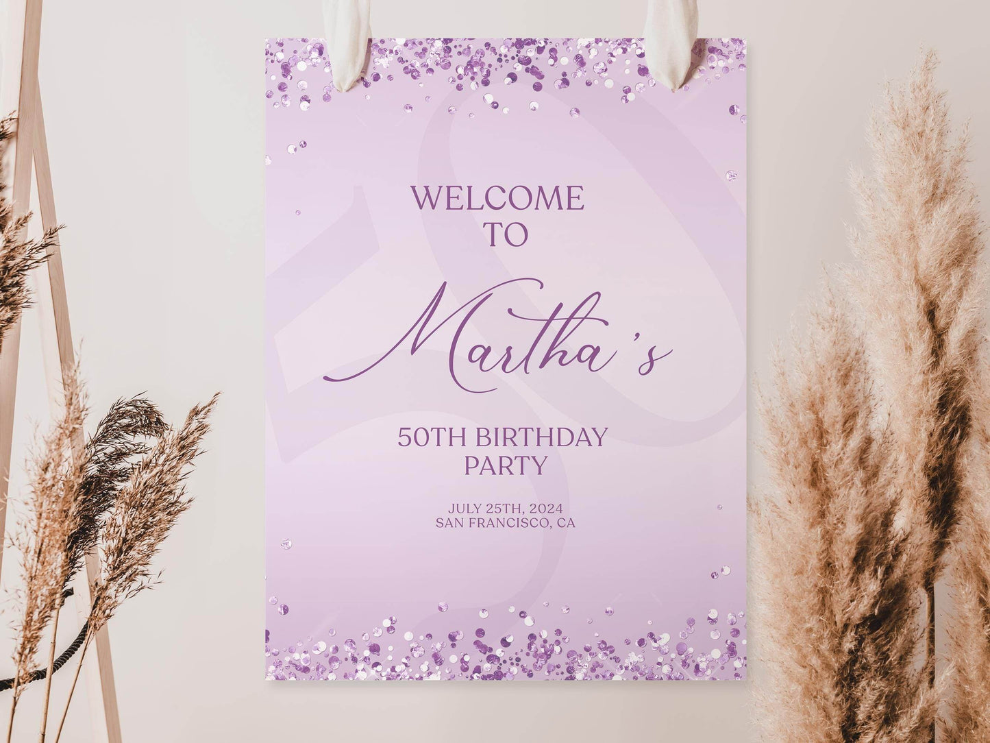 Printable Lavender Birthday Welcome Sign Template – Editable Purple Confetti Birthday Poster | Any Age Birthday Sign Decor | Instant Download