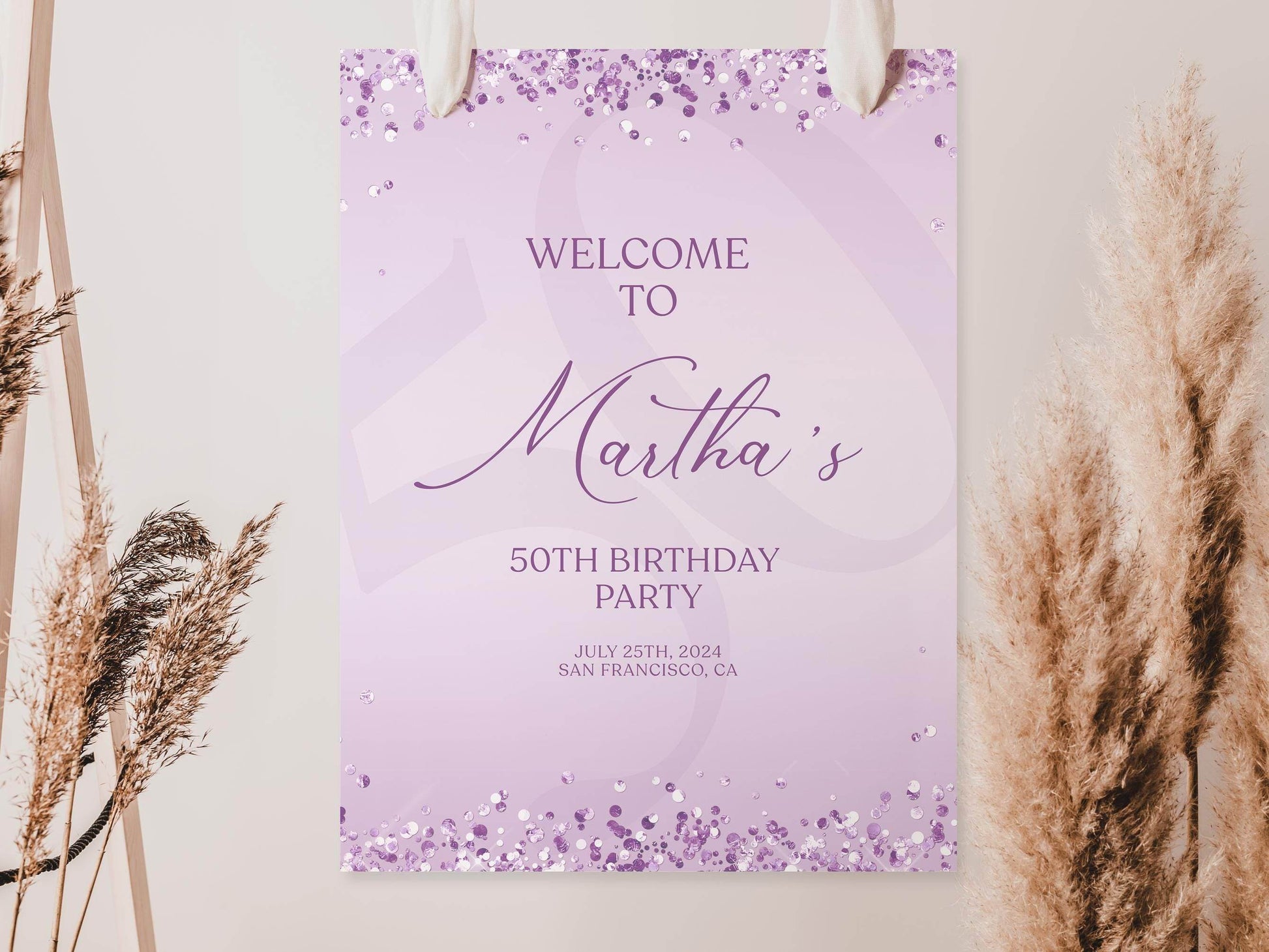 Printable Lavender Birthday Welcome Sign Template – Editable Purple Confetti Birthday Poster | Any Age Birthday Sign Decor | Instant Download