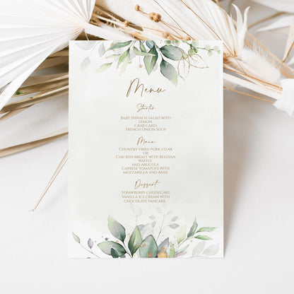 Greenery Watercolor Menu Card Template, Printable Wedding Menu, Birthday Menu Template, Bridal Shower Menu, Editable Dinner Menu, Digital