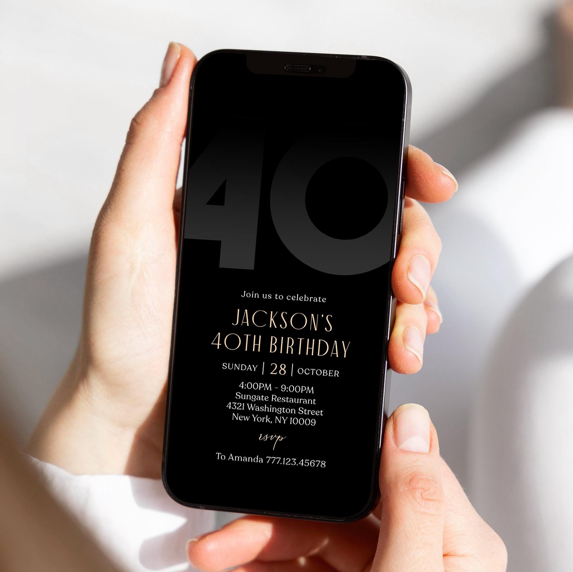 Digital Black 40th Forty Birthday Invitation Template, Electronic Party Invite for Him, Simple Black Elegant Invitation, Text Message Evite