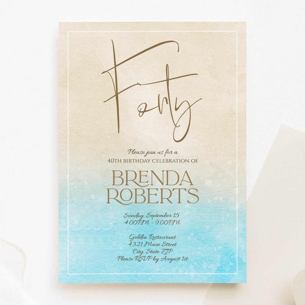 Printable 40th Birthday Invitation Template, Editable Seashore Beach Watercolor Invite, Email Text Message Digital Template, Instant Download
