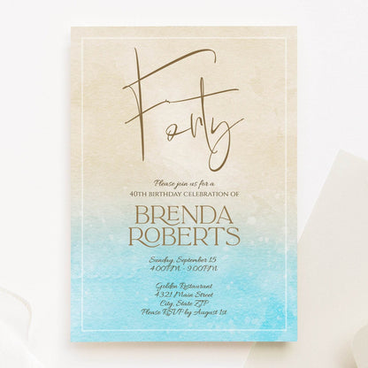 Printable 40th Birthday Invitation Template, Editable Seashore Beach Watercolor Invite, Email Text Message Digital Template, Instant Download