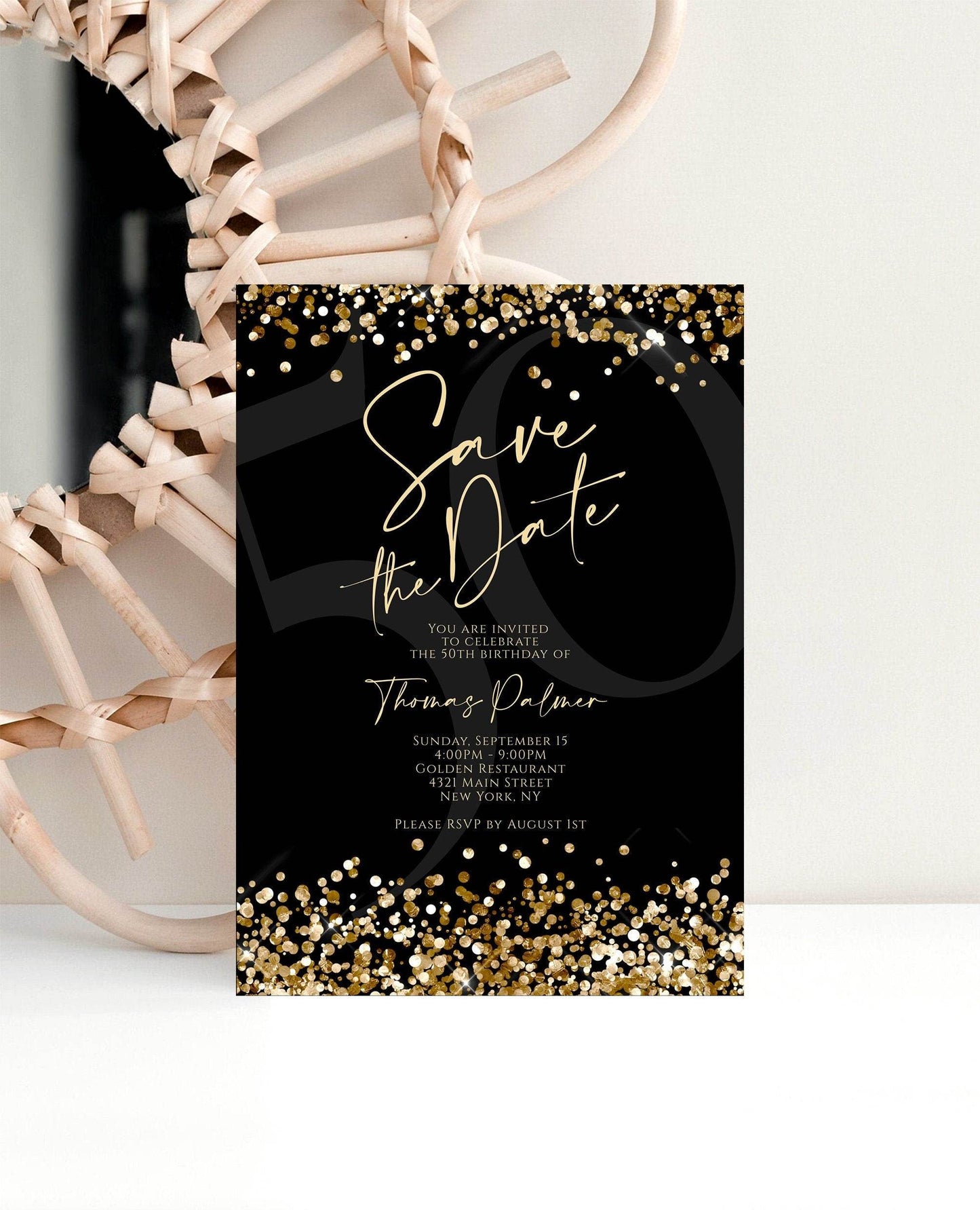 Printable Save the Date Invitation Template – Editable Black & Gold Confetti Invite | Custom Text Message Evite | Digital Instant Download