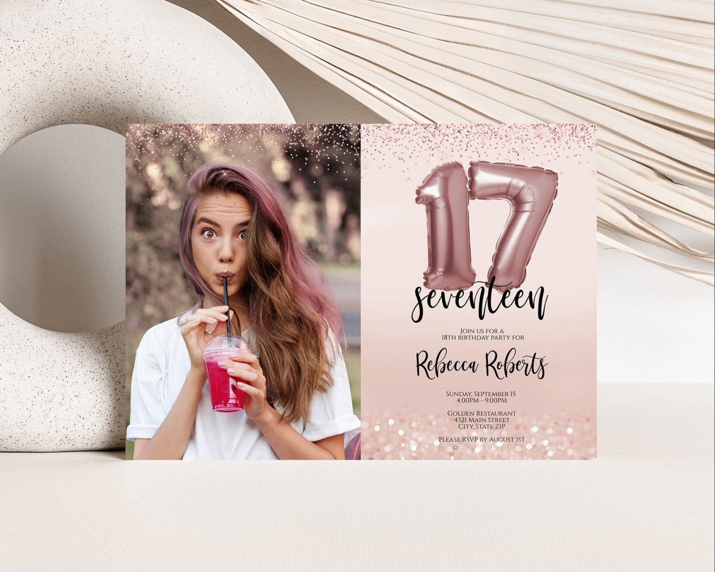 17th Birthday Invitation | Rose Gold Balloon Theme | Instant Download
