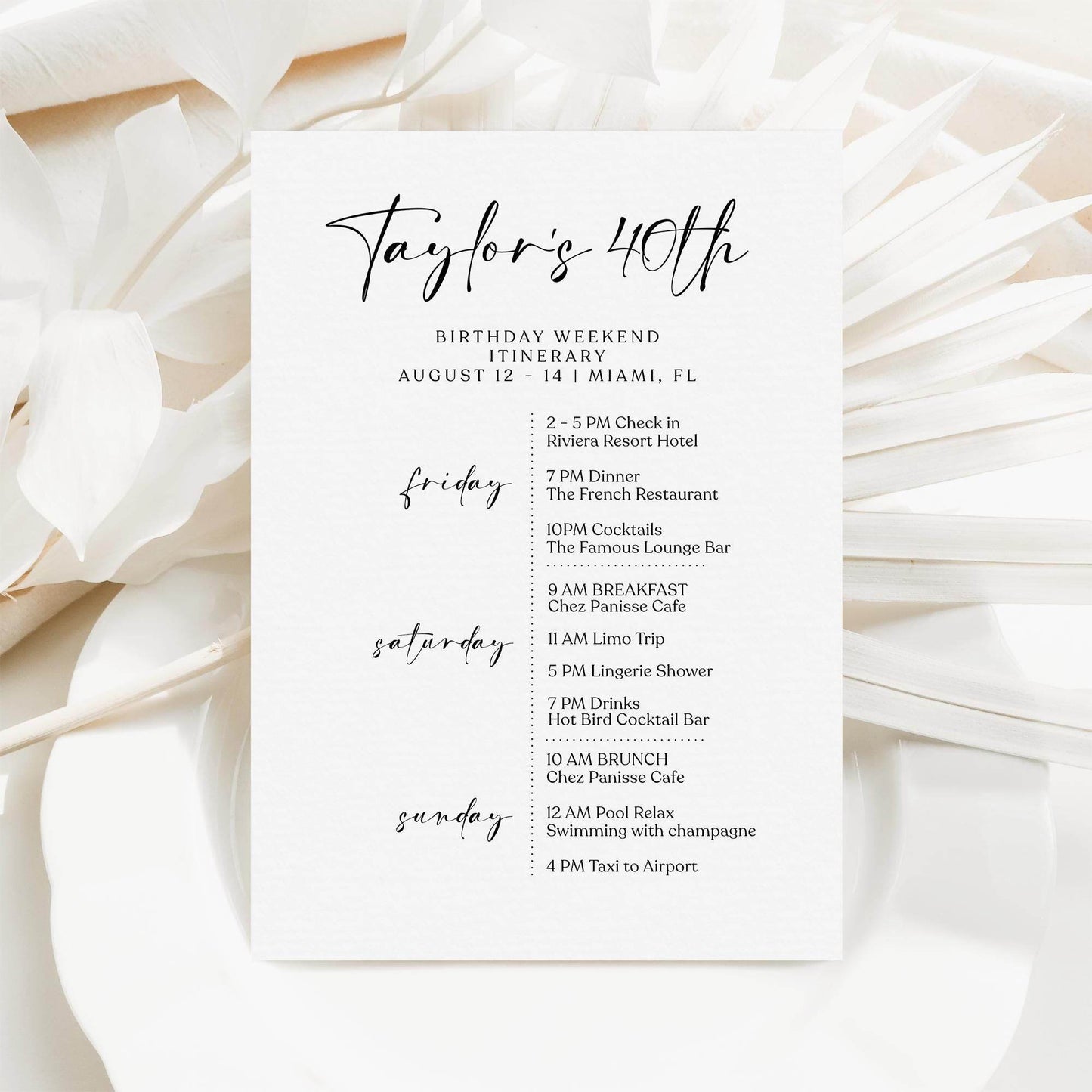 40th Birthday Itinerary Template | Editable Minimalist Weekend Schedule | Simple Printable Party Plan | White DIY Digital Itinerary | Instant Download