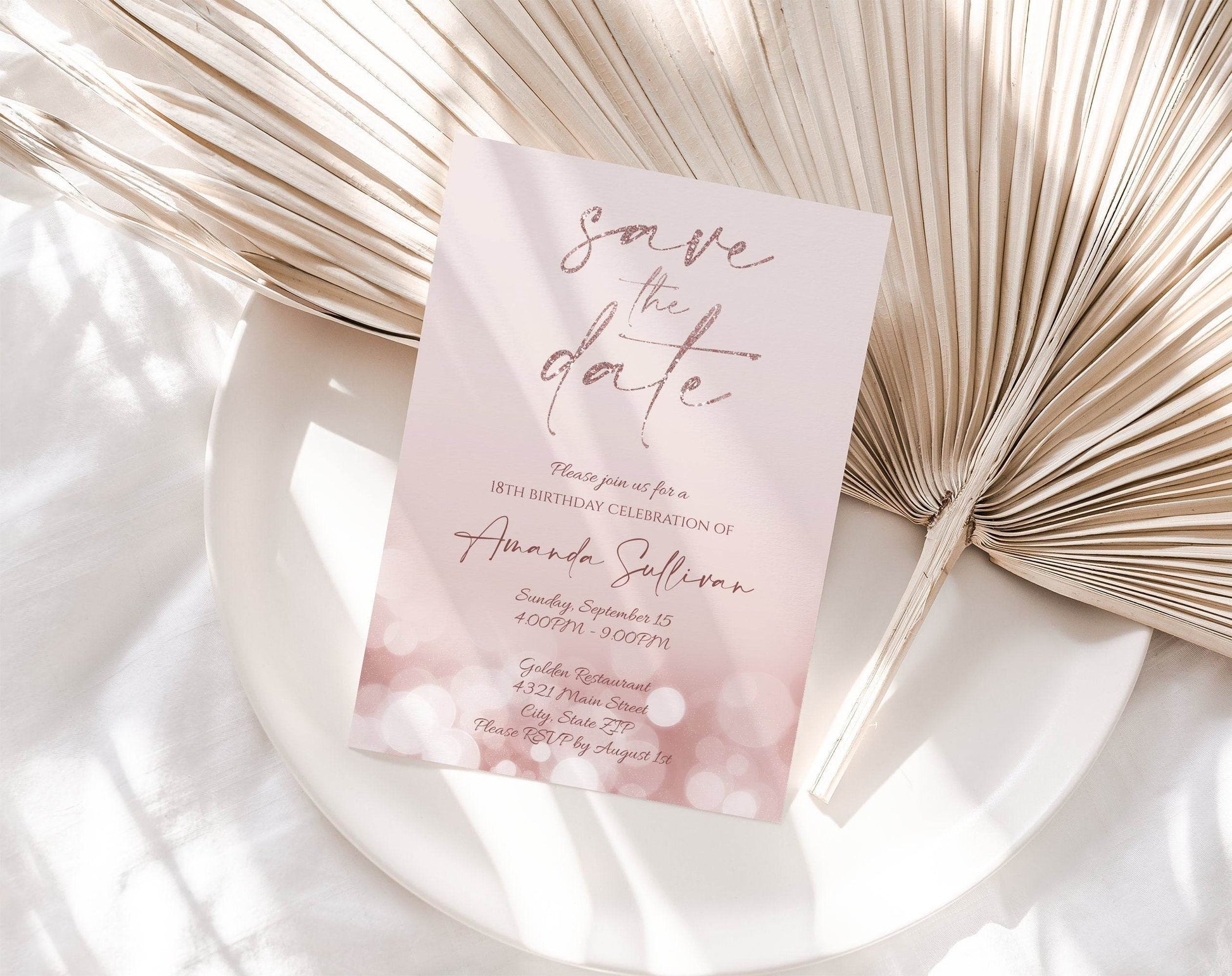 Luxury Save the Date Rose Gold Glitter Editable Birthday Invitation Template, Printable Invite 5x7 Text Digital Invitation, Instant Download