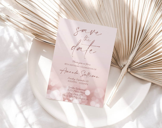 Luxury Save the Date Rose Gold Glitter Editable Birthday Invitation Template, Printable Invite 5x7 Text Digital Invitation, Instant Download