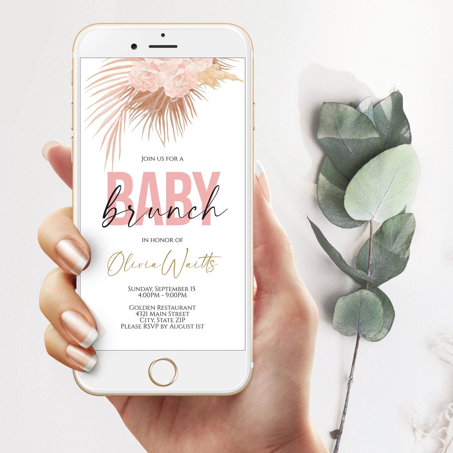 Pampas Grass Digital Baby Brunch Evite Template, Electronic Greenery Baby Shower Invitation, Text Message Invitation, Editable Template