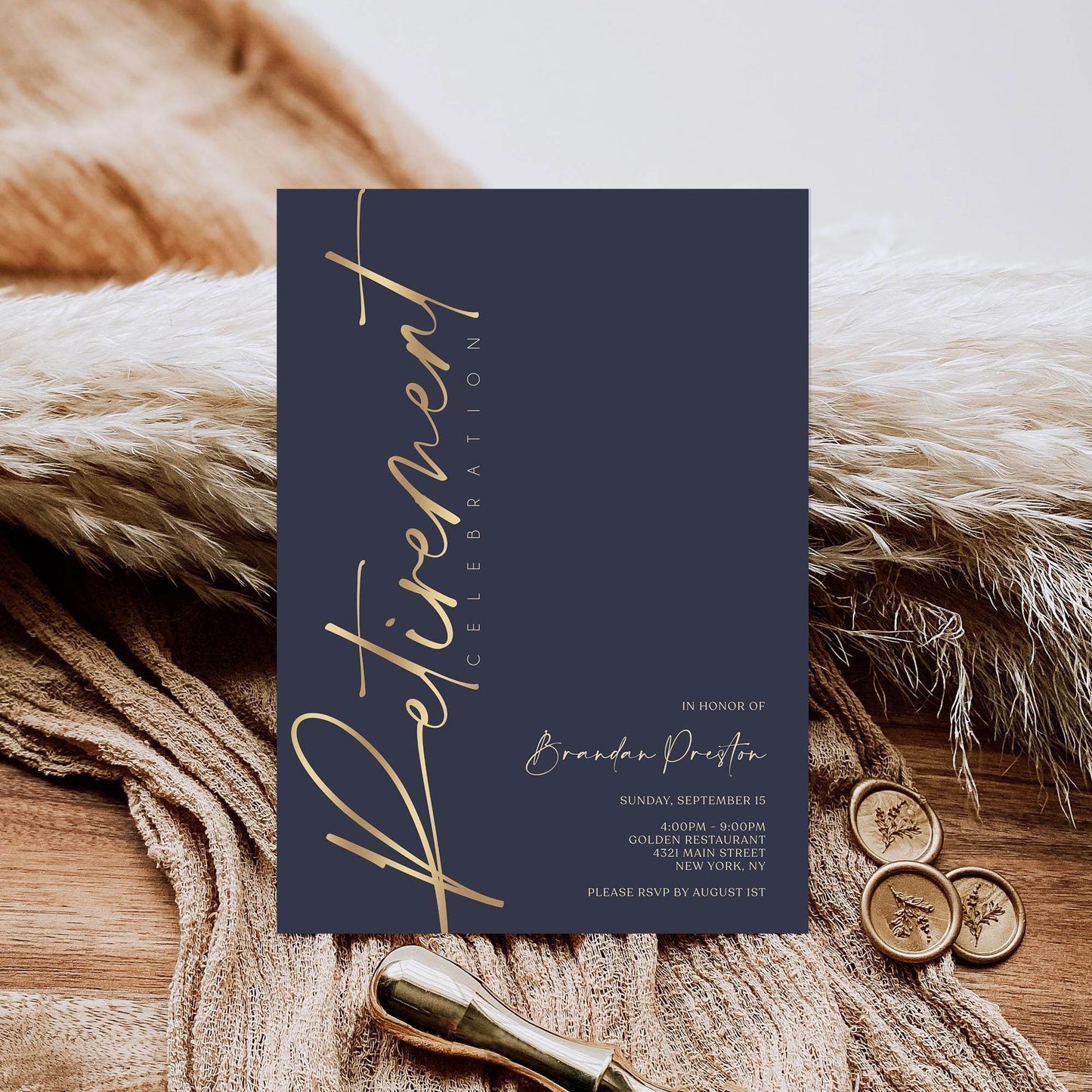 Navy Gold Retirement Party Invitation Template, Editable Digital Invite, Printable Retirement Card, Email & Text Message Evite, Instant Download