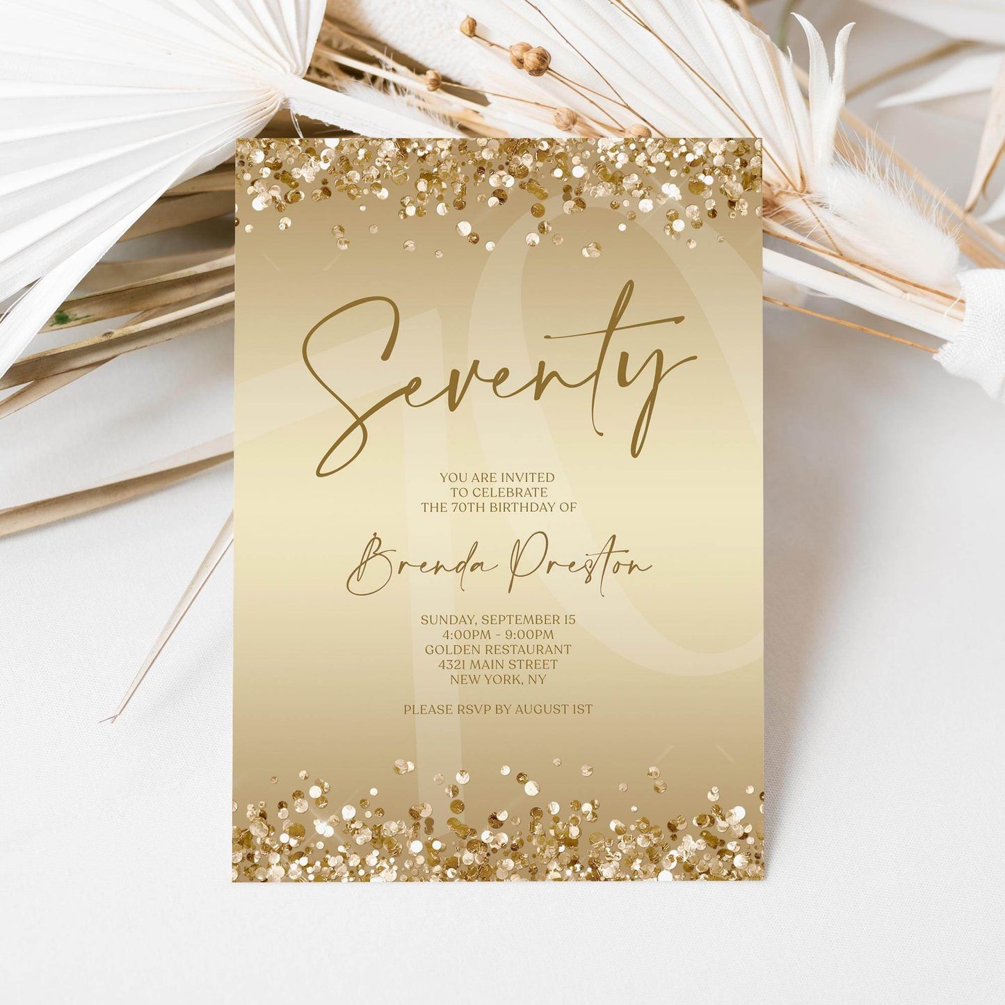 Editable 70th Birthday Invitation Template, Gold Confetti Seventy Invite, Printable Surprise Party Card, Digital Text Message Evite