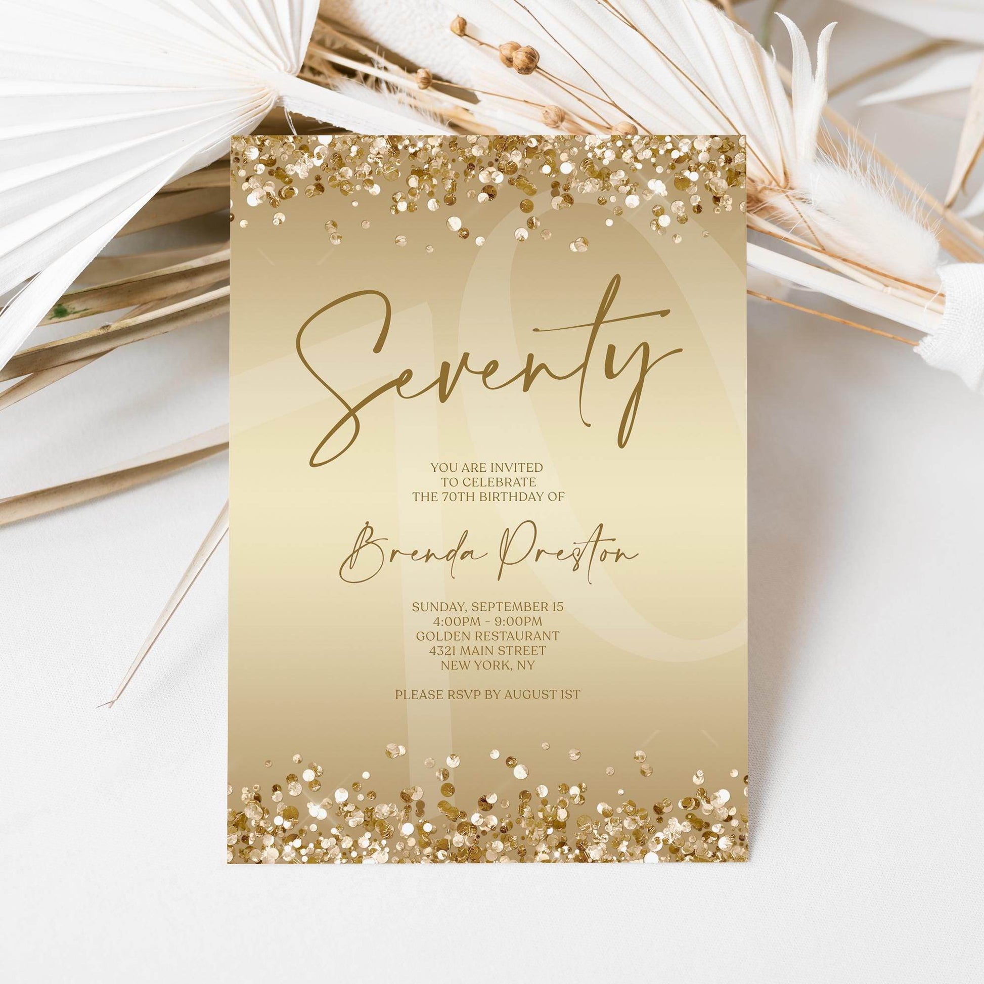 Editable 70th Birthday Invitation Template, Gold Confetti Seventy Invite, Printable Surprise Party Card, Digital Text Message Evite