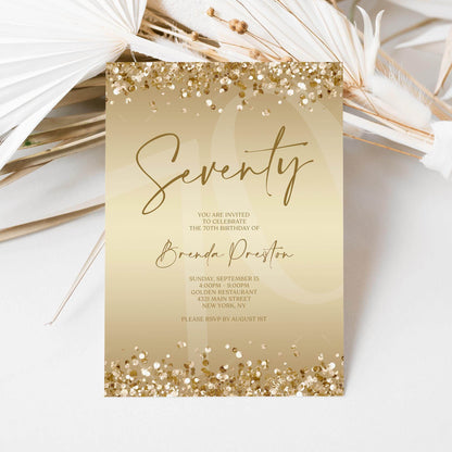 Editable 70th Birthday Invitation Template, Gold Confetti Seventy Invite, Printable Surprise Party Card, Digital Text Message Evite