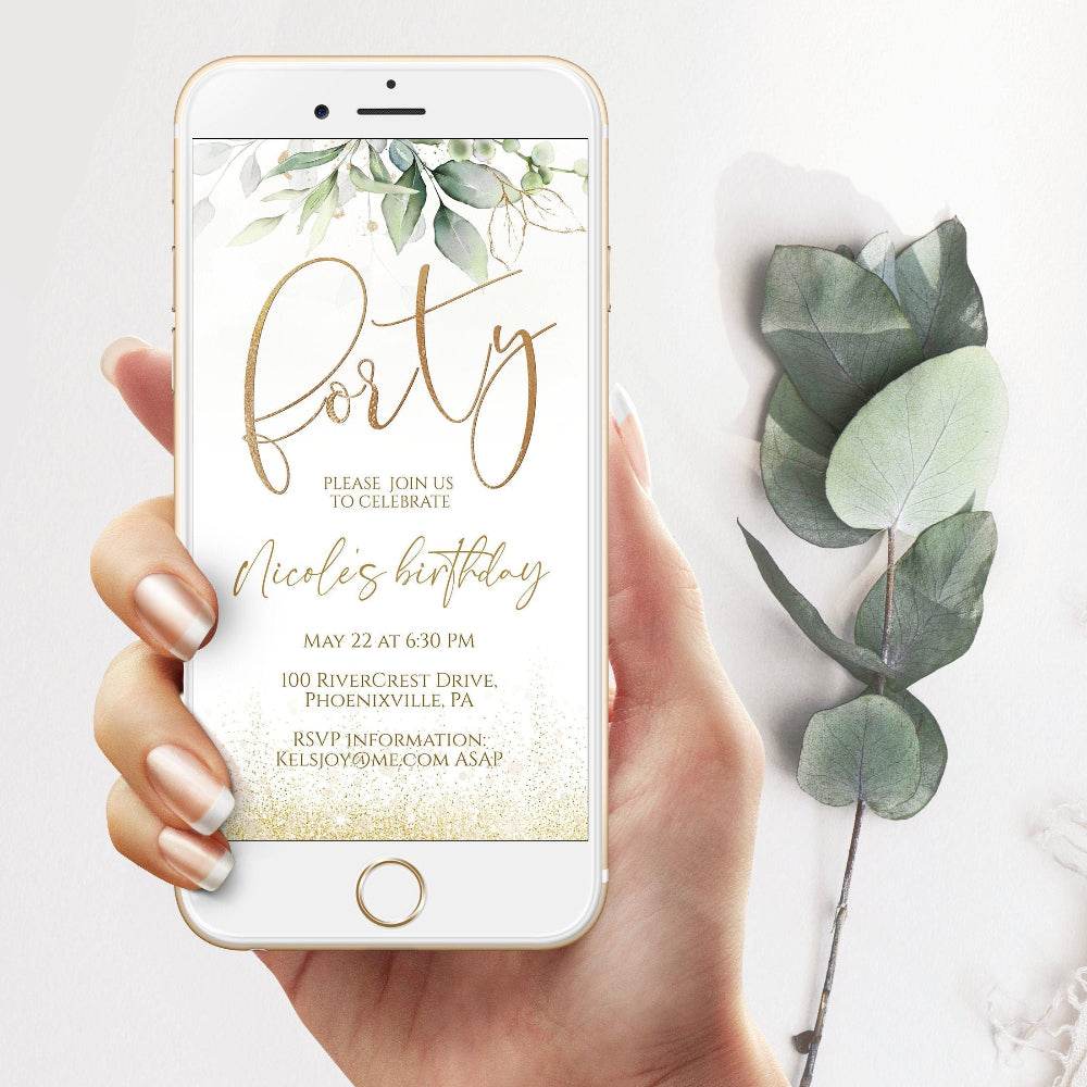 Editable Electronic 40th Birthday Boho Floral Greenery Invitation, Mobile Phone Evite, Instant Download, Forty SMS Text Message Invite