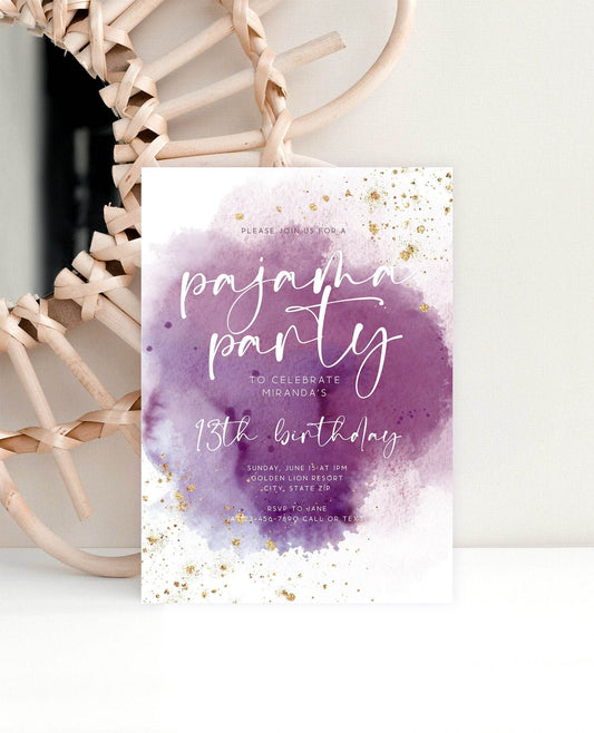 Printable Girl Pajama Party Invitation, Editable Purple Gold Foil Sleepover Invite, Slumber Party Evite, Text or Email Template, Corjl