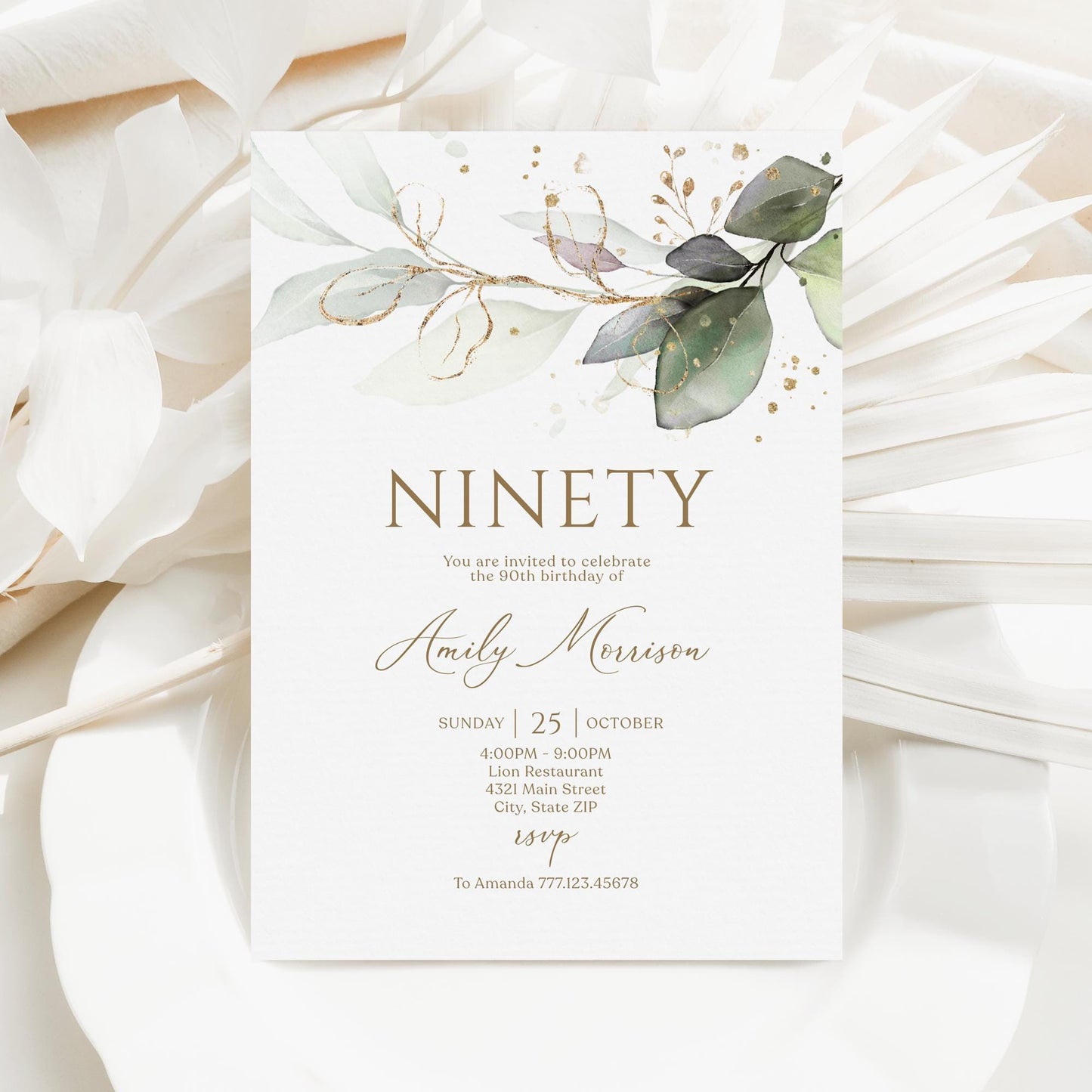 Editable Ninety 90th birthday Invitation Card Template, Printable Greenery Gold Leaves Birthday Invite for women, Digital Template, Email Text Message, Instant Download