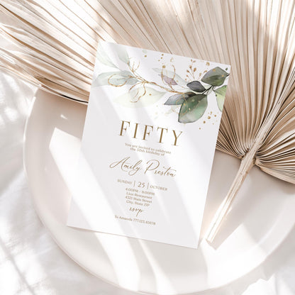 Editable Fifty 50th birthday Invitation Card Template, Printable Greenery Gold Leaves Birthday Invite, Digital Template, Email Text Message