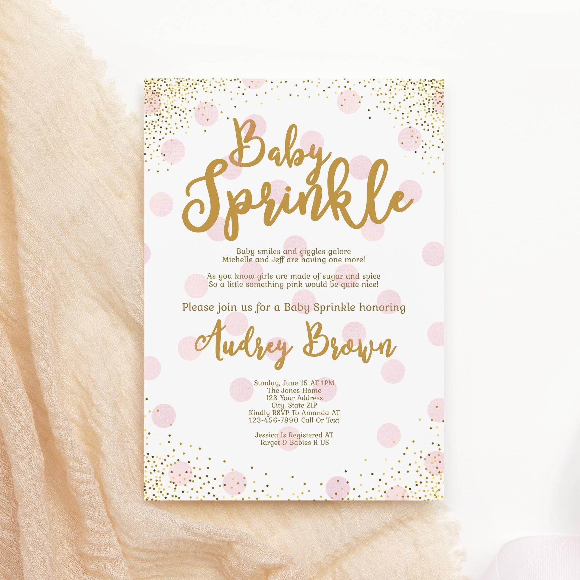 Girl Baby Sprinkle Invitation Template – Blush Pink & Gold Baby Shower Invite Bundle | Editable Printable Baby Sprinkle for Girl | Instant Download